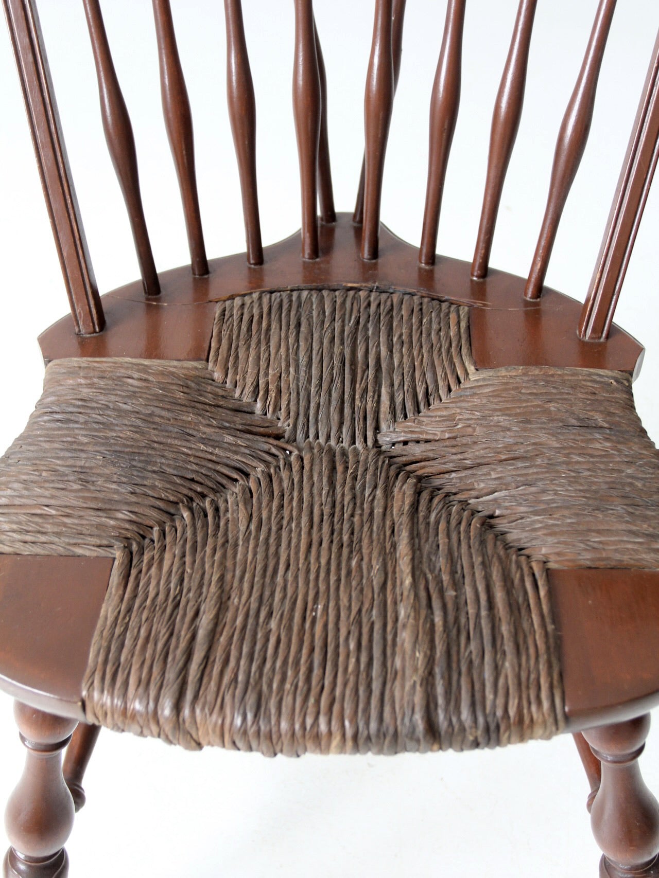 antique brace back Windsor chair with rush seat