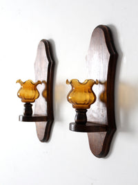 vintage pine wall sconces with amber glass pair