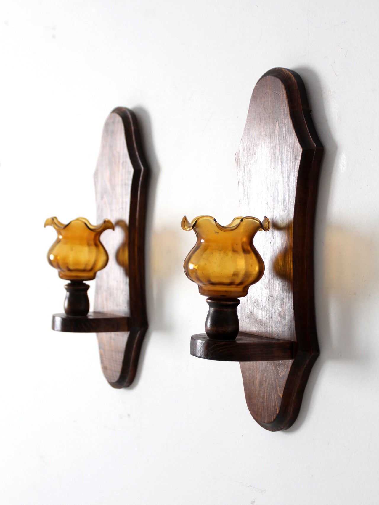 vintage pine wall sconces with amber glass pair