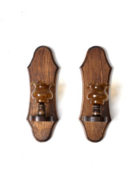 vintage pine wall sconces with amber glass pair