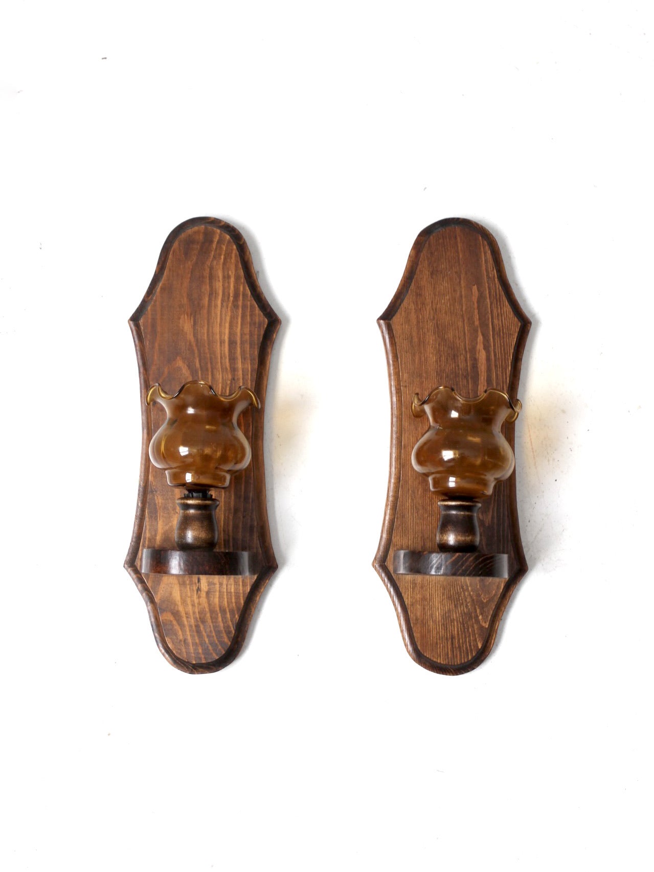 vintage pine wall sconces with amber glass pair