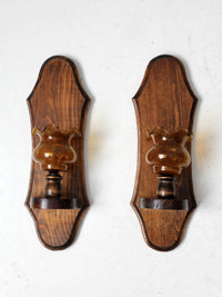 vintage pine wall sconces with amber glass pair