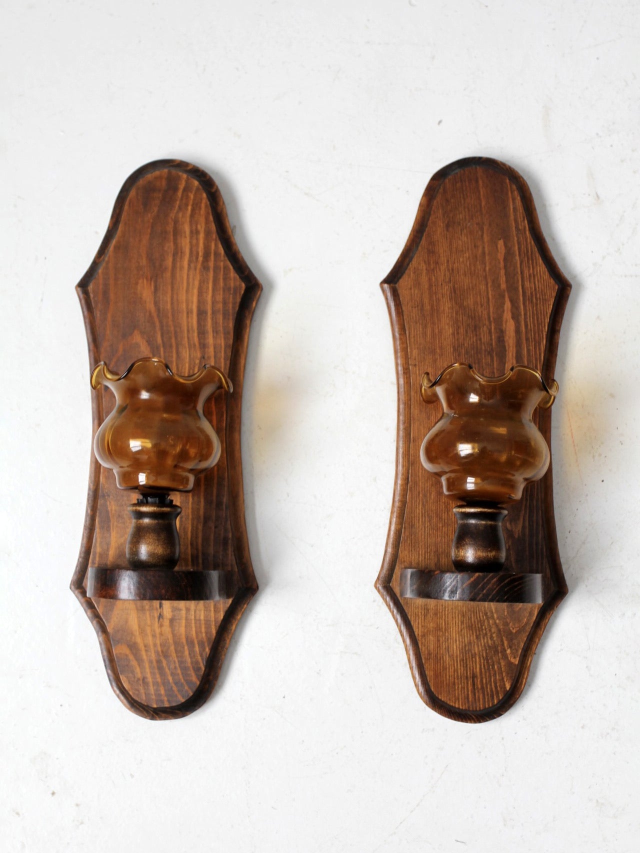 vintage pine wall sconces with amber glass pair