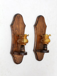 vintage pine wall sconces with amber glass pair