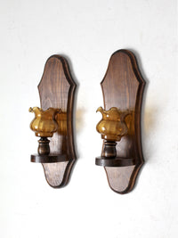 vintage pine wall sconces with amber glass pair