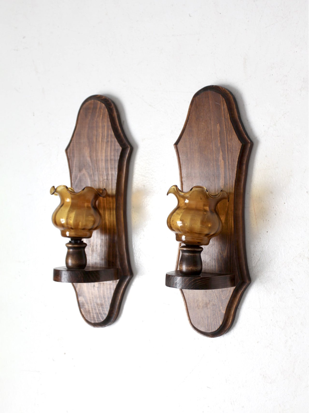 vintage pine wall sconces with amber glass pair