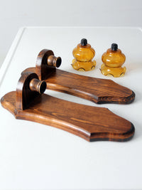 vintage pine wall sconces with amber glass pair