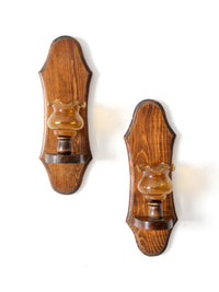vintage pine wall sconces with amber glass pair