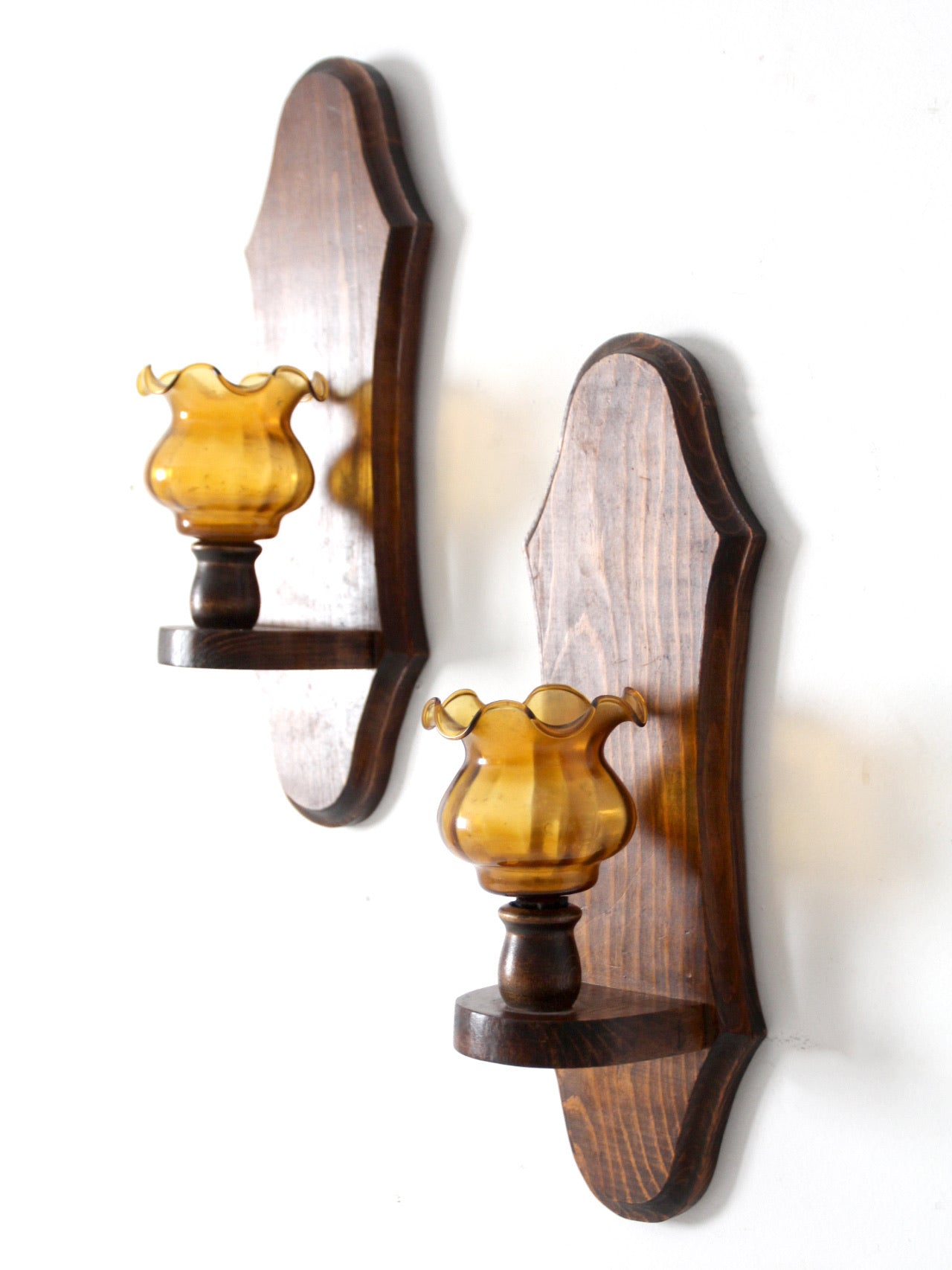 vintage pine wall sconces with amber glass pair