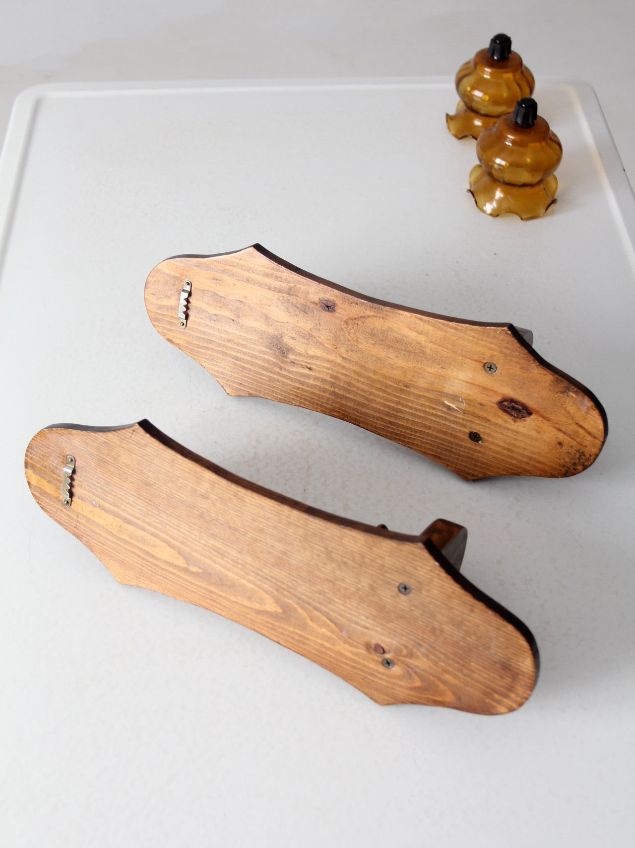 vintage pine wall sconces with amber glass pair