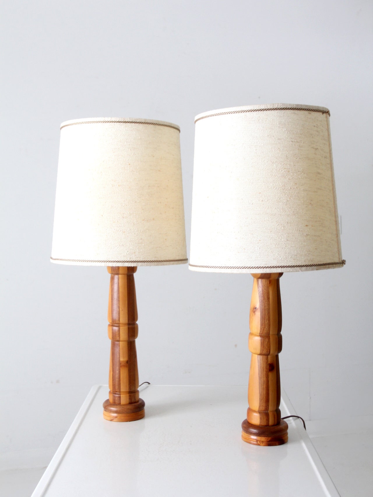 vintage striped turned wood table lamps pair