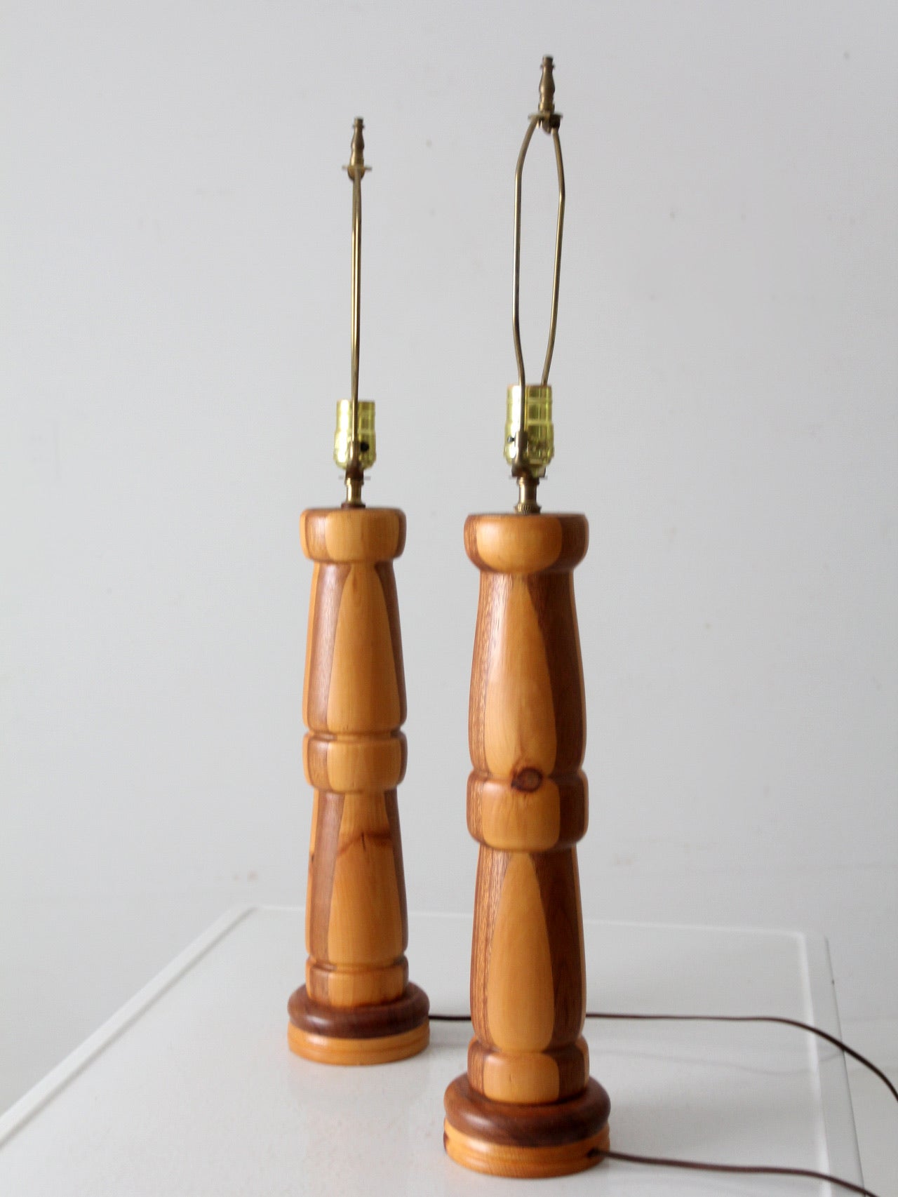 vintage striped turned wood table lamps pair