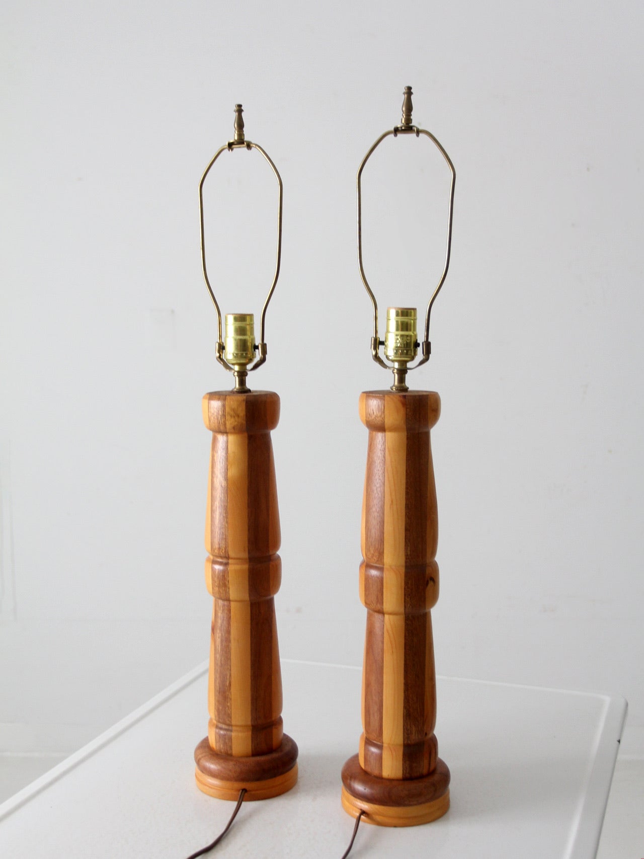 vintage striped turned wood table lamps pair