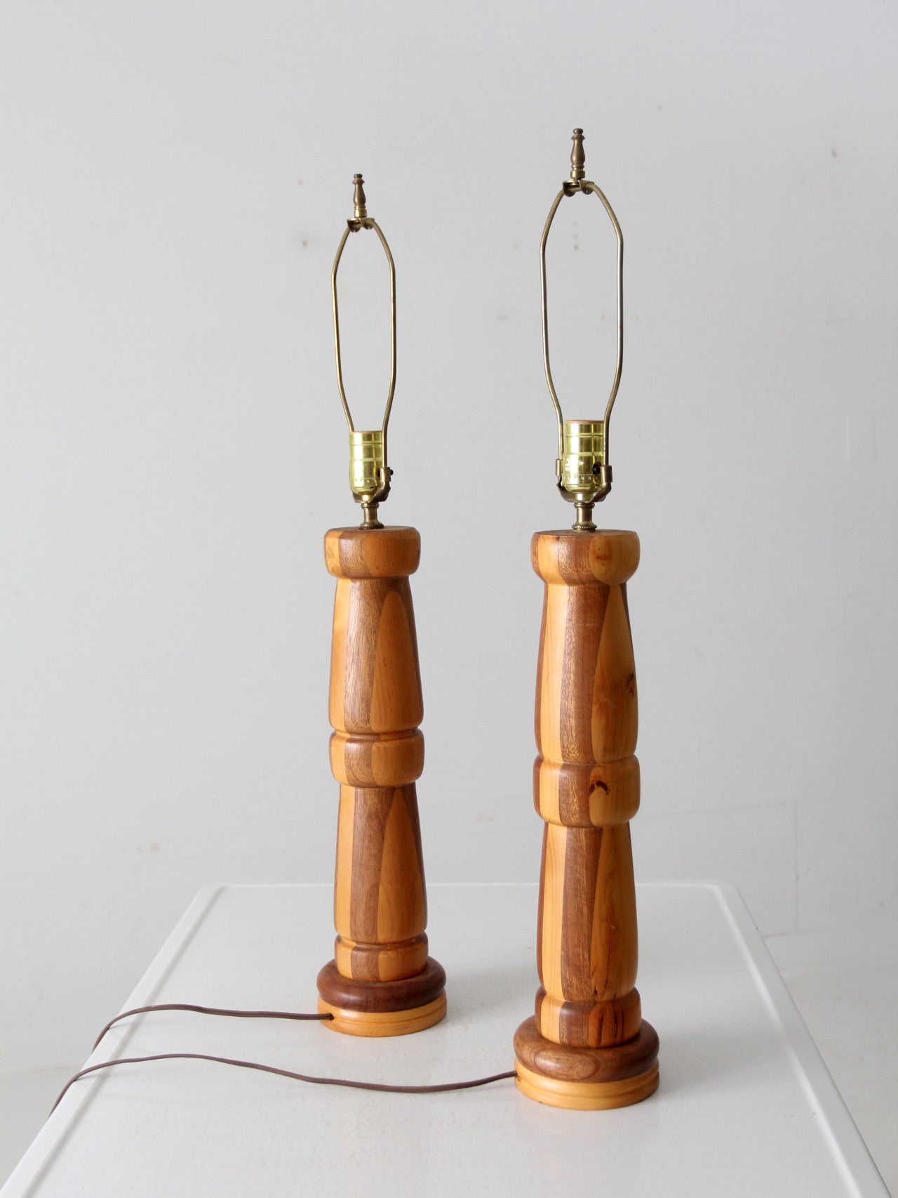 vintage striped turned wood table lamps pair