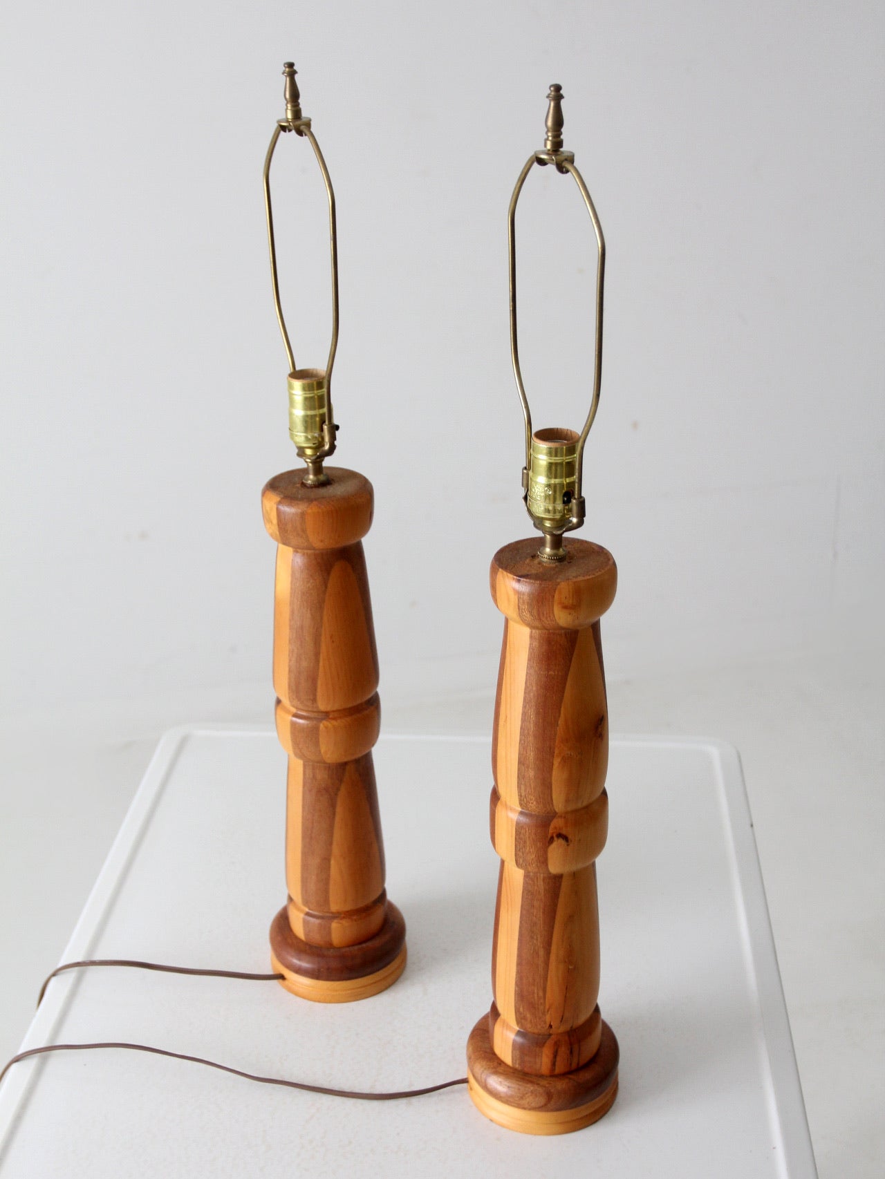 vintage striped turned wood table lamps pair