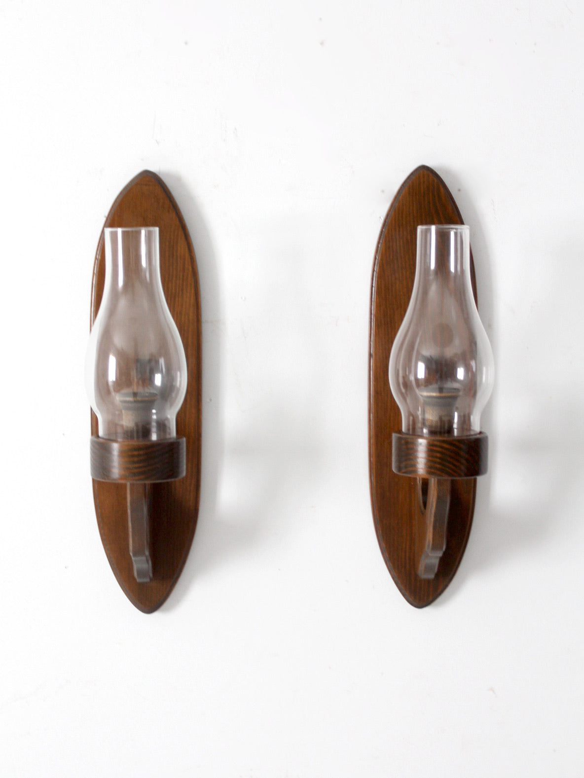 vintage hurricane glass with wood candle sconces pair