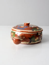 vintage Mexican redware covered bowl with handle