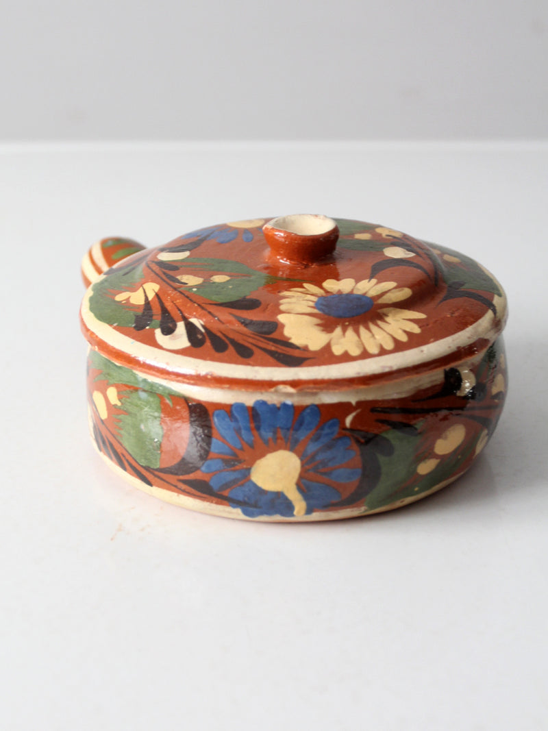vintage Mexican redware covered bowl with handle