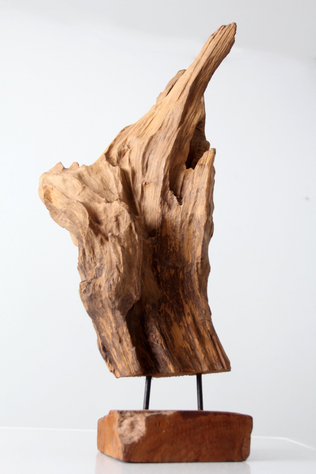mid-century wood sculpture on stand