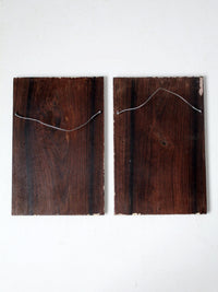 vintage etched wooden plaque wall hangings pair