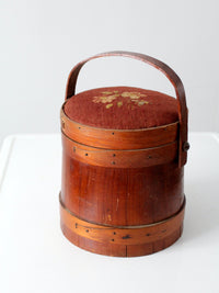 antique firkin with needlepoint lid