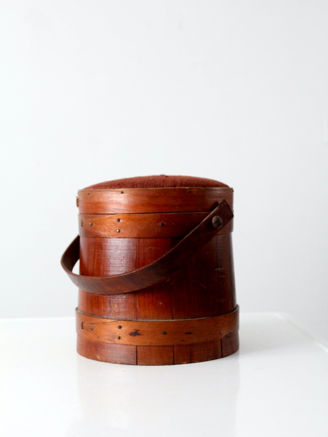 antique firkin with needlepoint lid