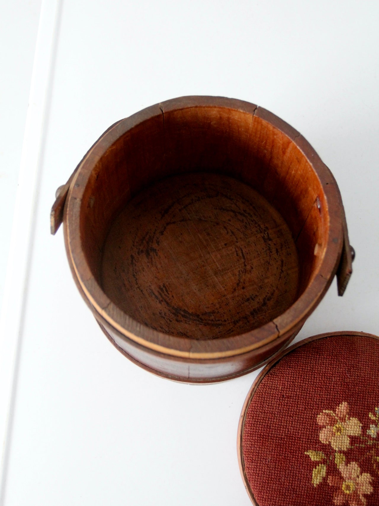 antique firkin with needlepoint lid