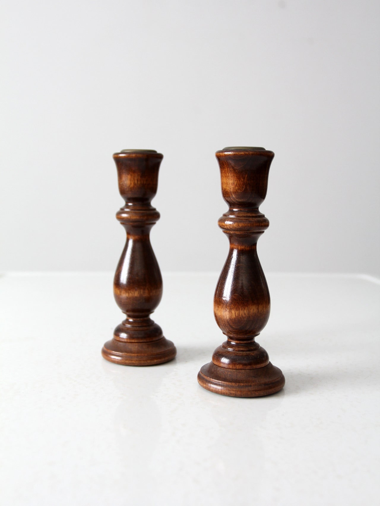 vintage turned wood candle holders pair