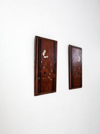 vintage etched wooden plaque wall hangings pair