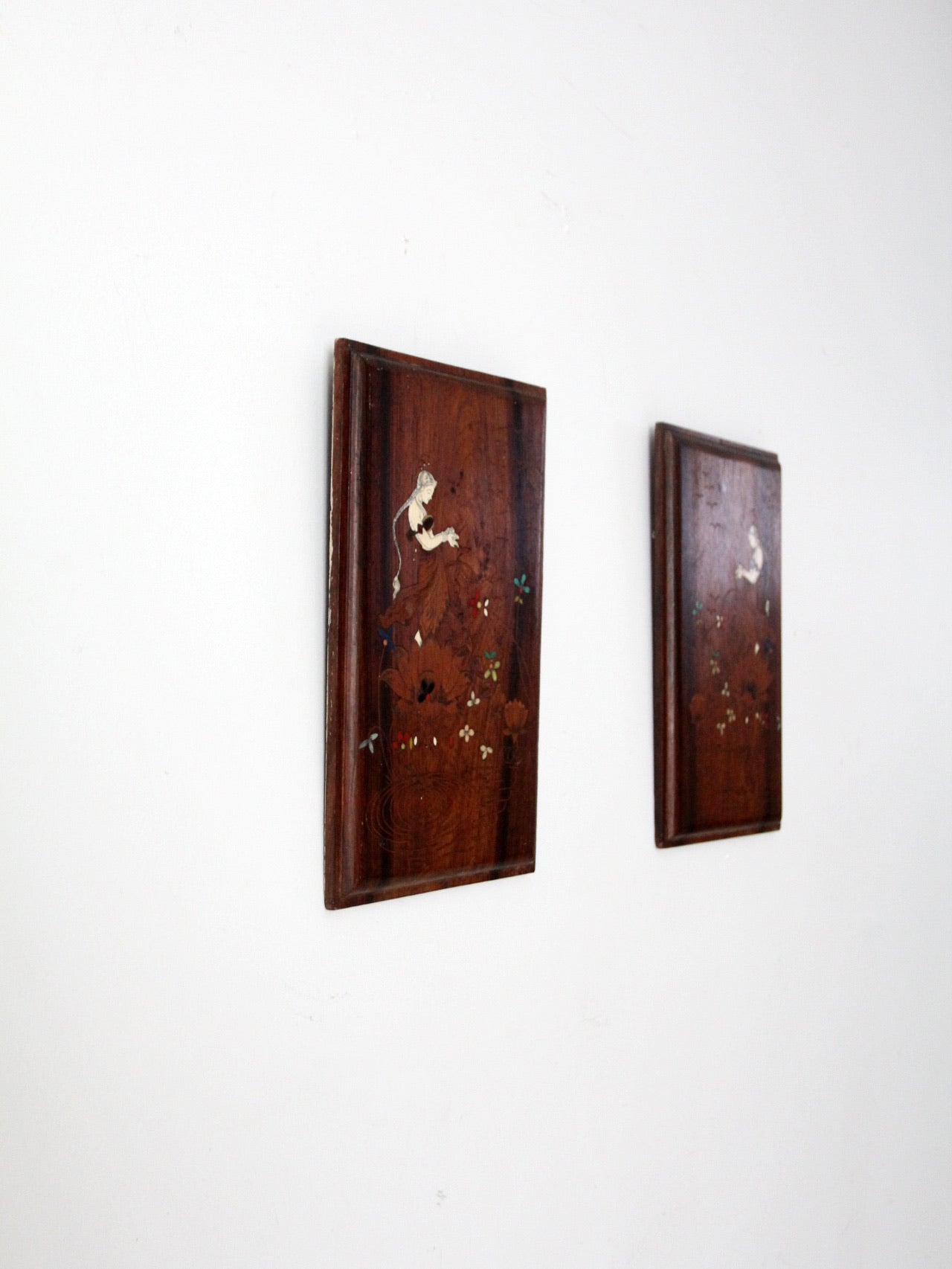 vintage etched wooden plaque wall hangings pair