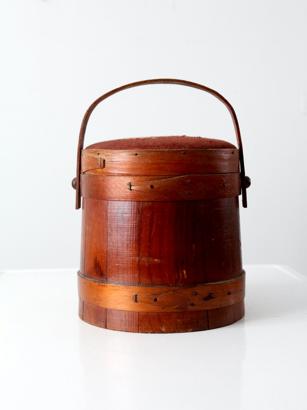 antique firkin with needlepoint lid