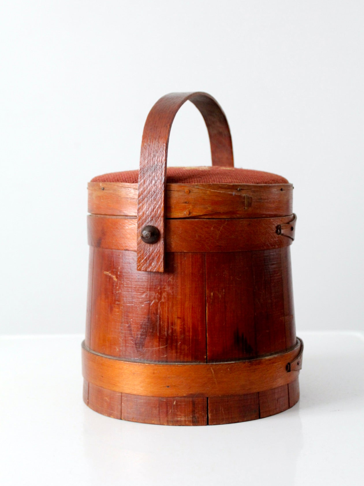 antique firkin with needlepoint lid