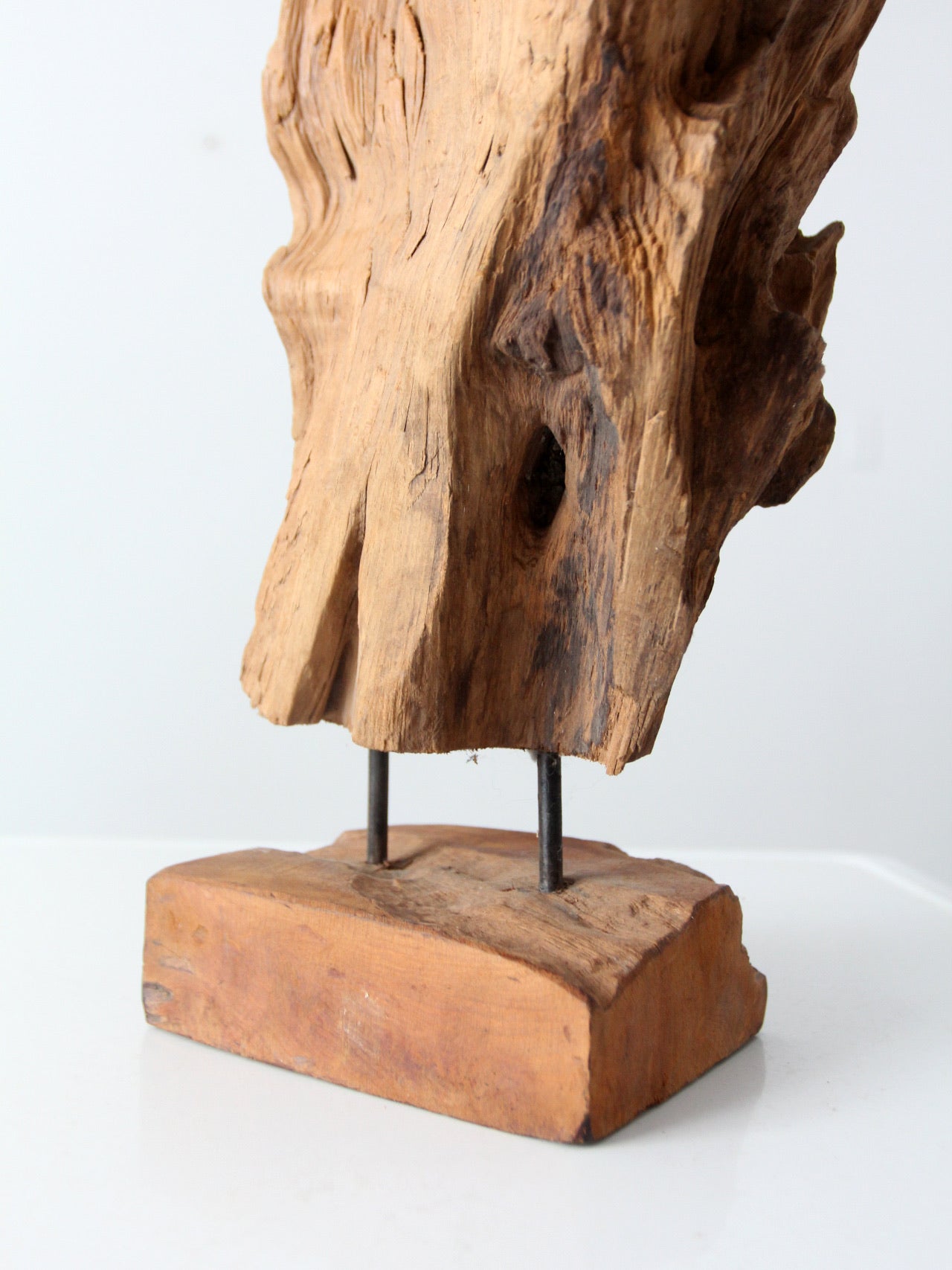 mid-century wood sculpture on stand