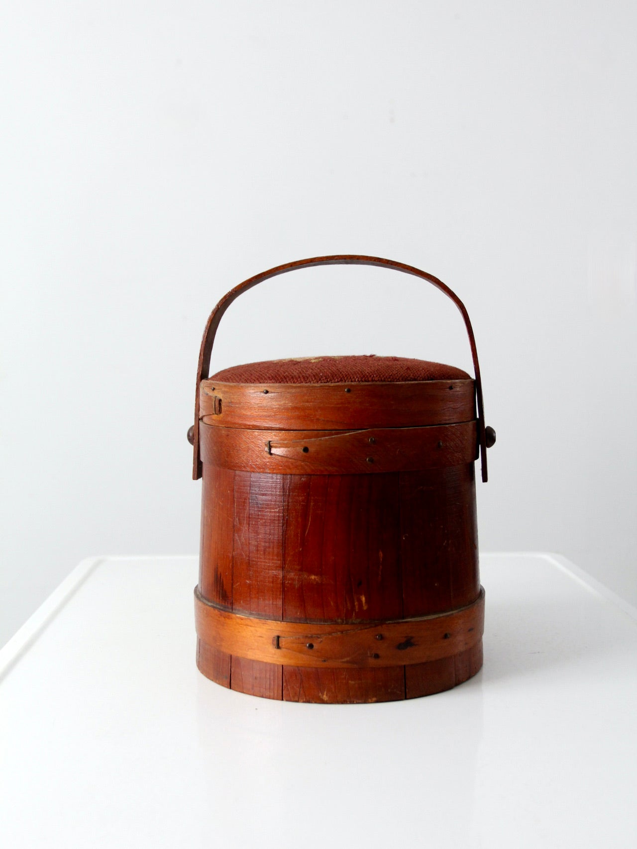 antique firkin with needlepoint lid