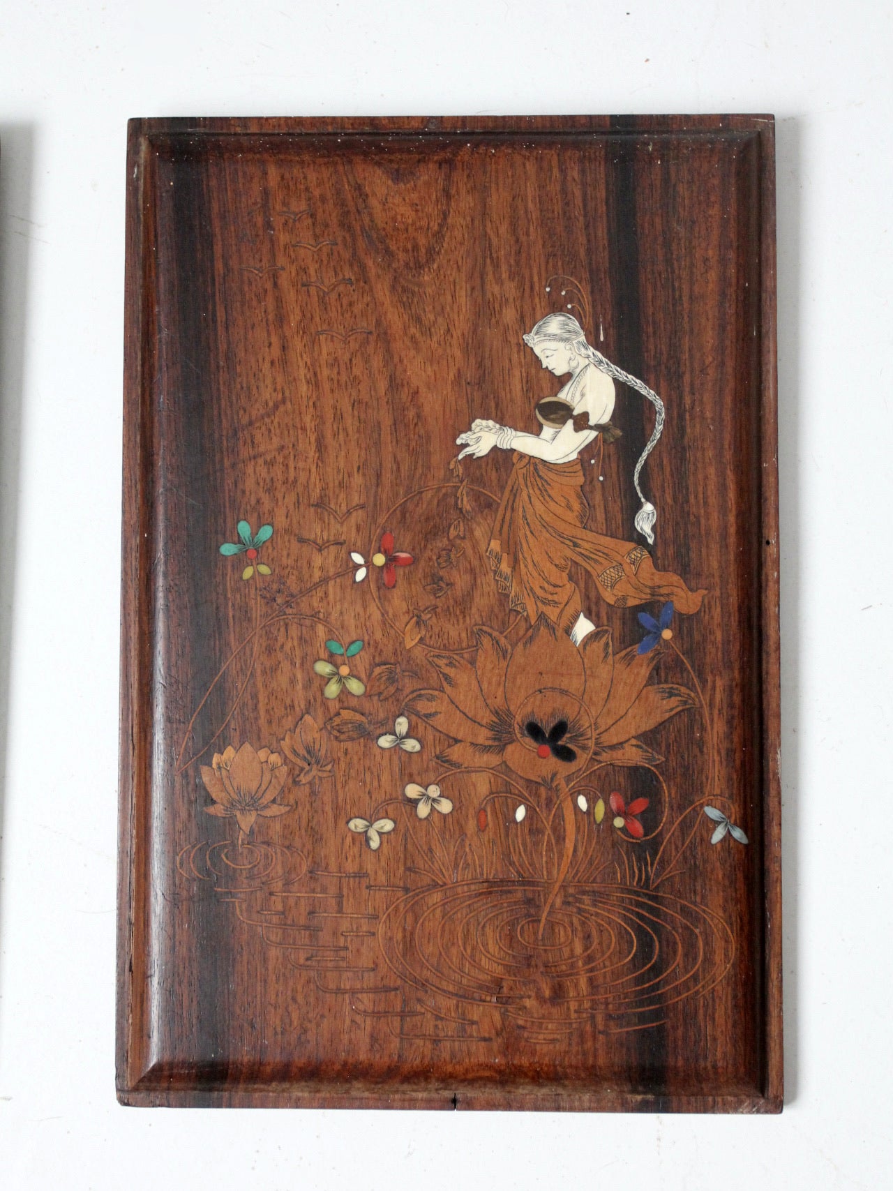 vintage etched wooden plaque wall hangings pair