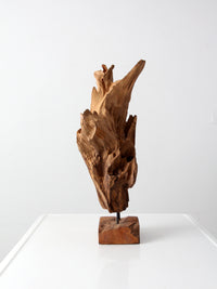 mid-century wood sculpture on stand