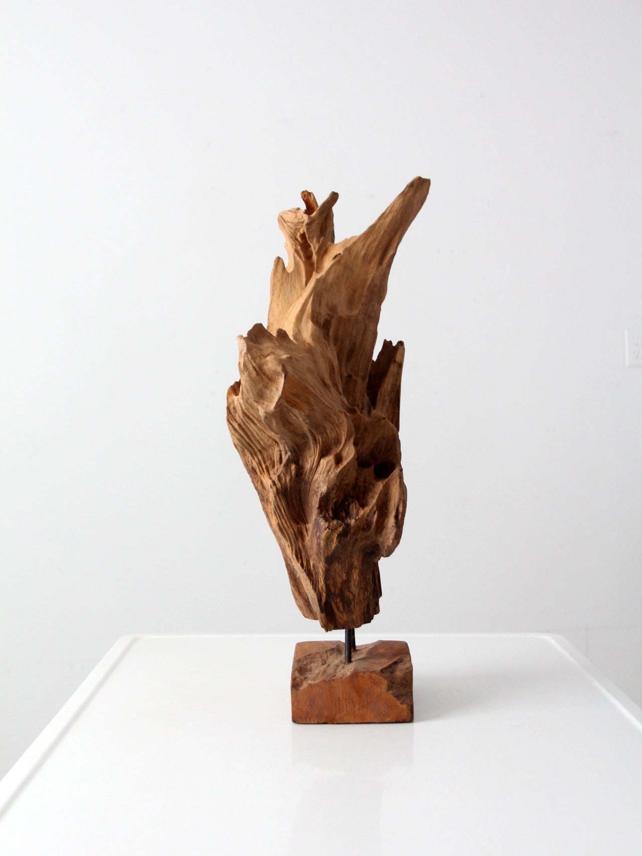 mid-century wood sculpture on stand