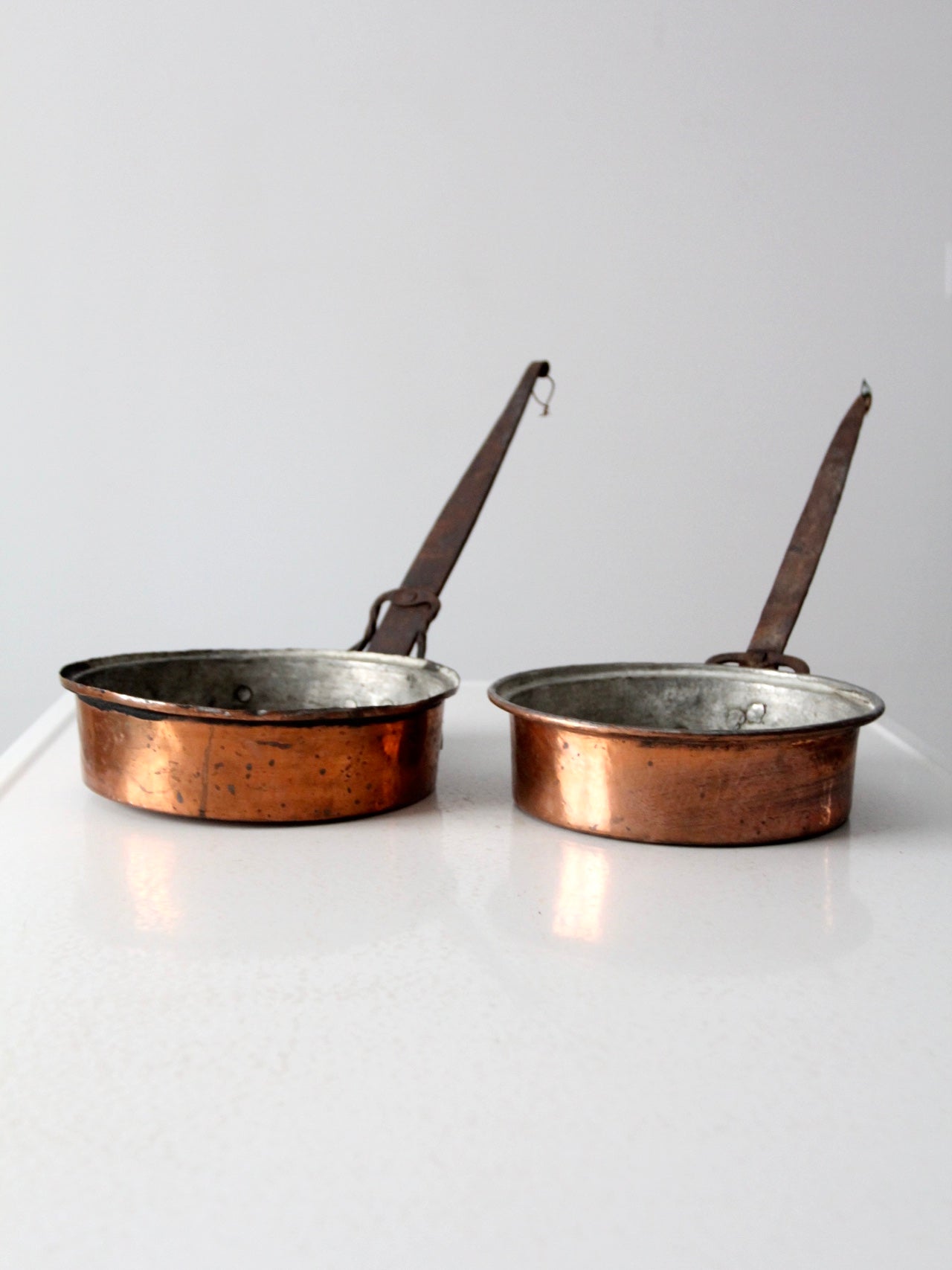 antique copper saute pans pair