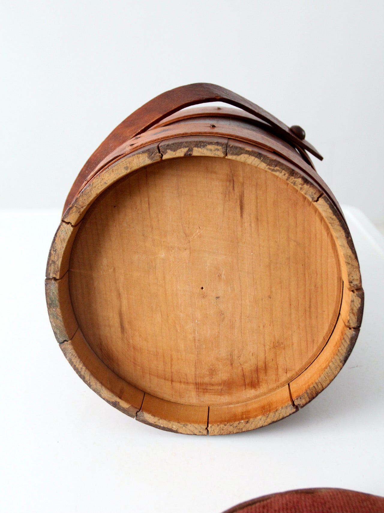 antique firkin with needlepoint lid