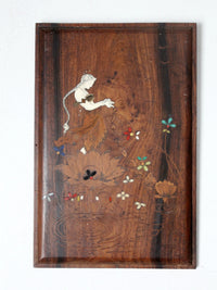 vintage etched wooden plaque wall hangings pair