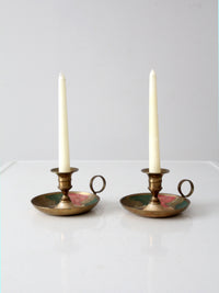 vintage enamel brass candlestick holder pair