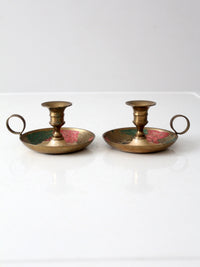 vintage enamel brass candlestick holder pair