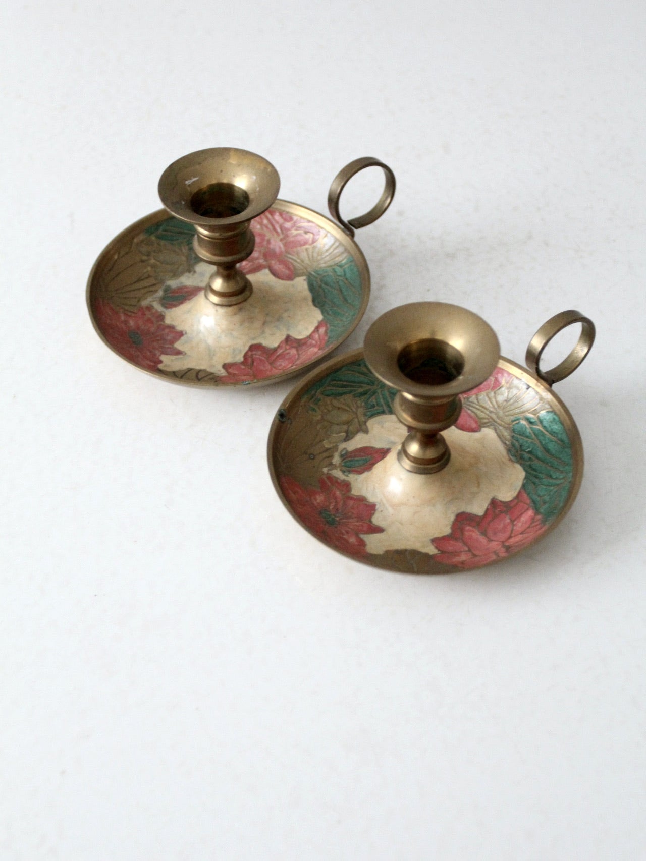 vintage enamel brass candlestick holder pair