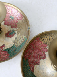 vintage enamel brass candlestick holder pair