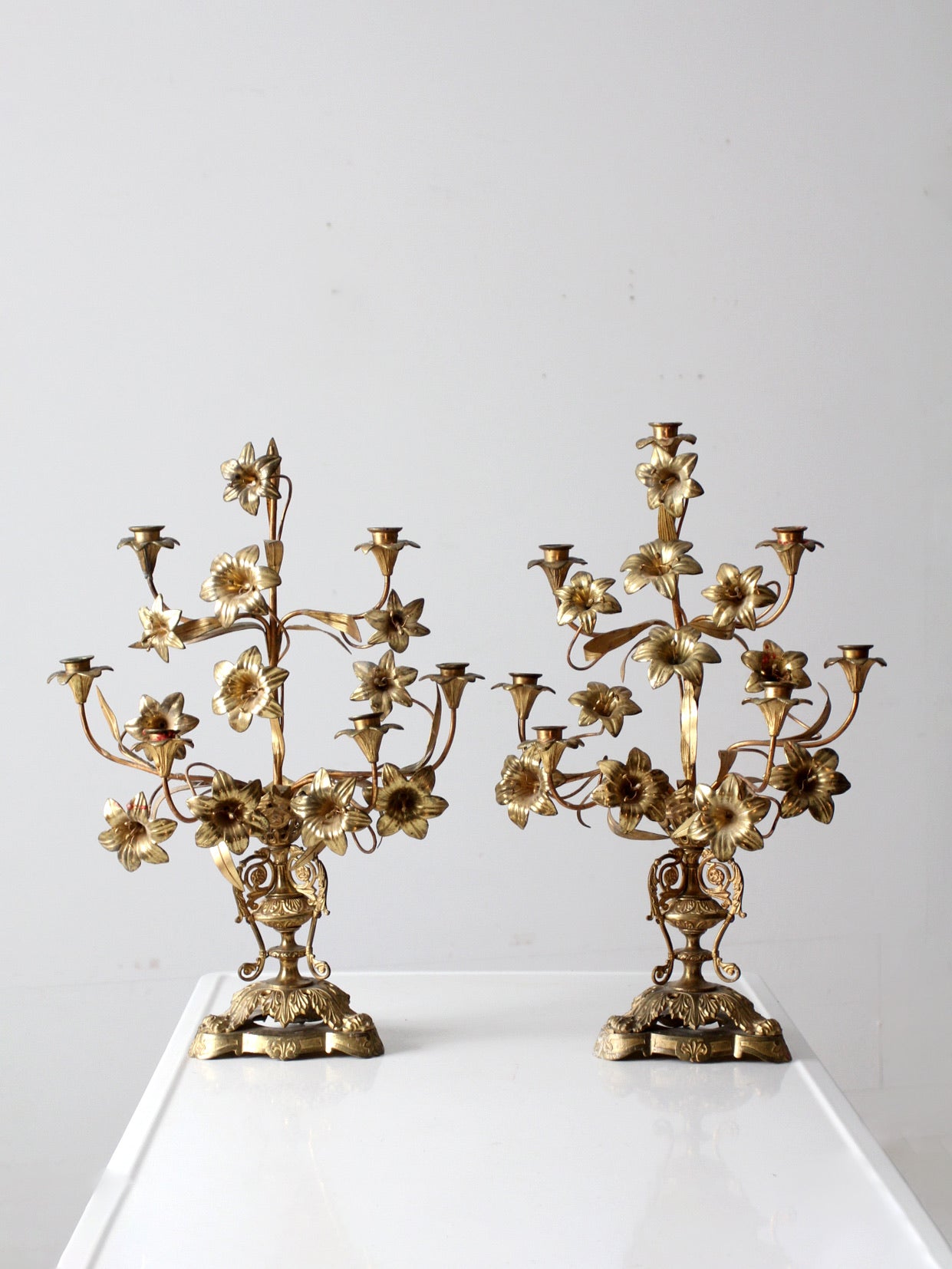 antique brass candleabra pair