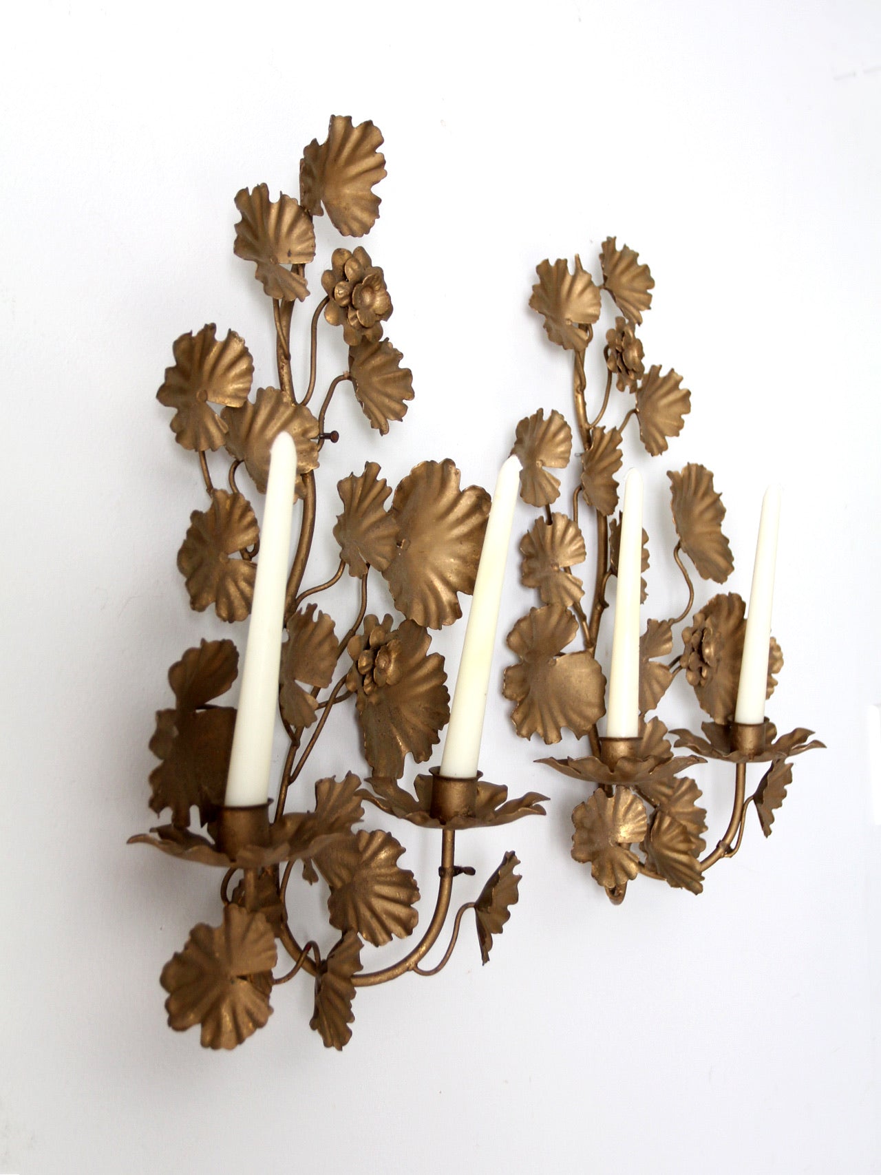 mid century Italian gilt tole candlesconces pair