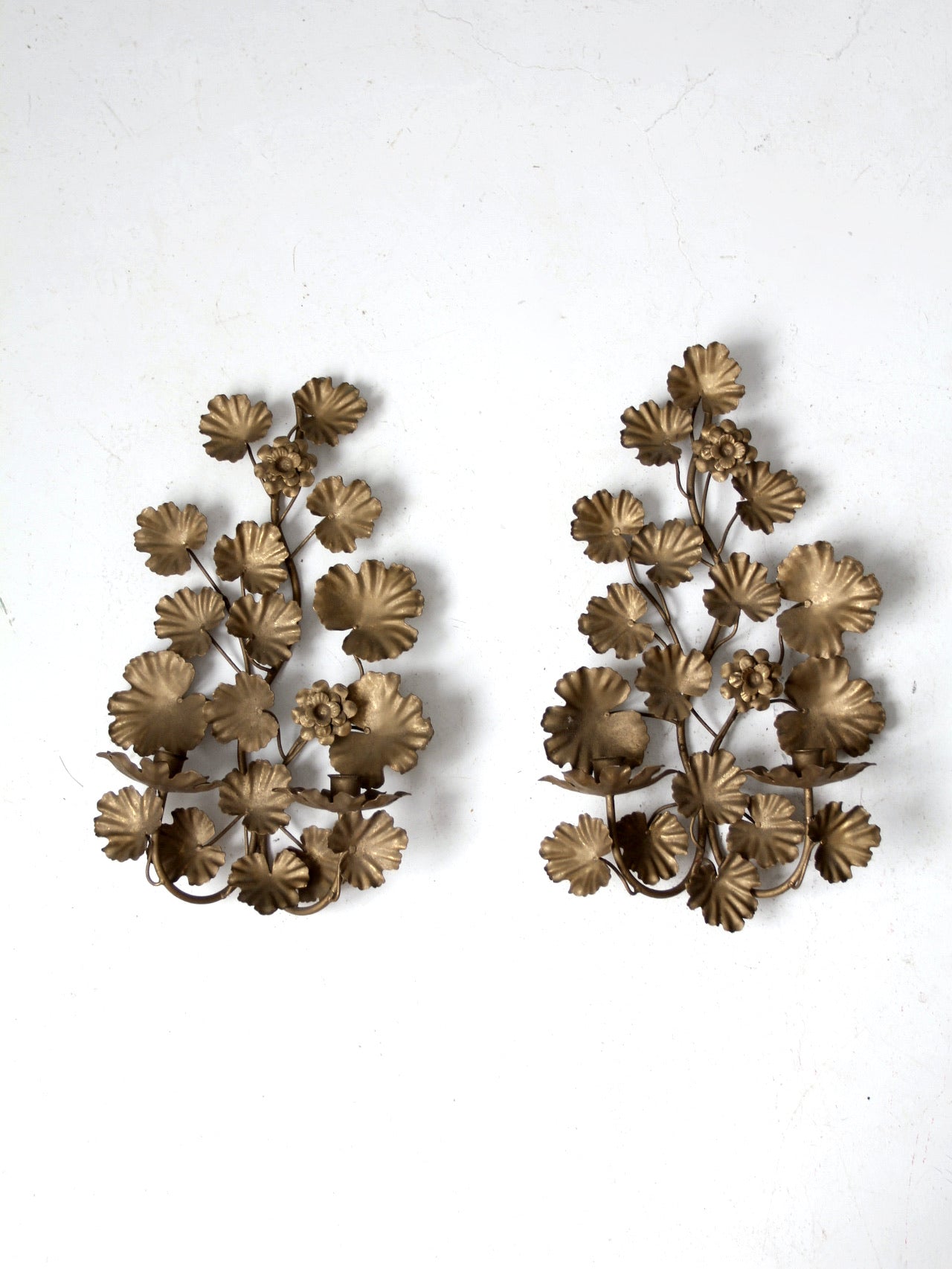 mid century Italian gilt tole candlesconces pair