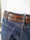 vintage 70s tooled leather belt with blue floral detail