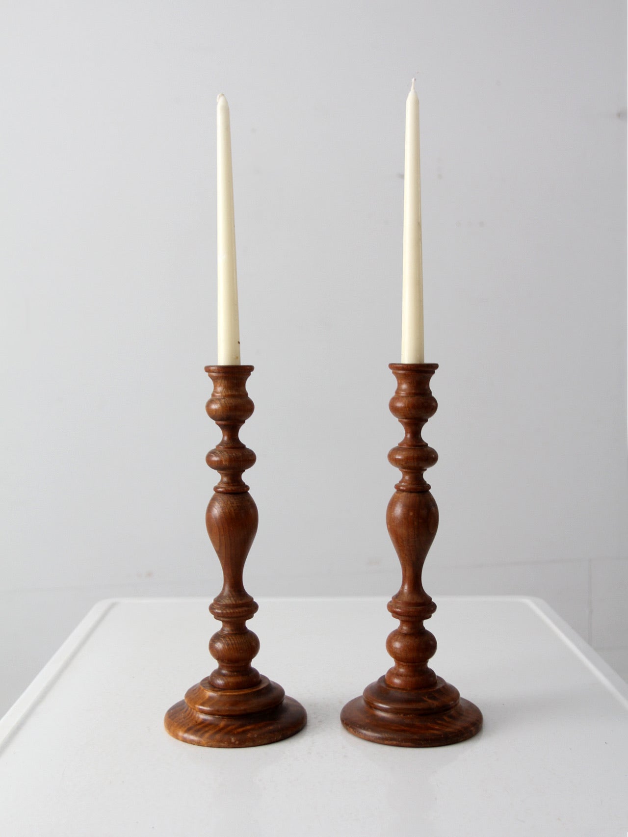 vintage wooden candlestick holders pair