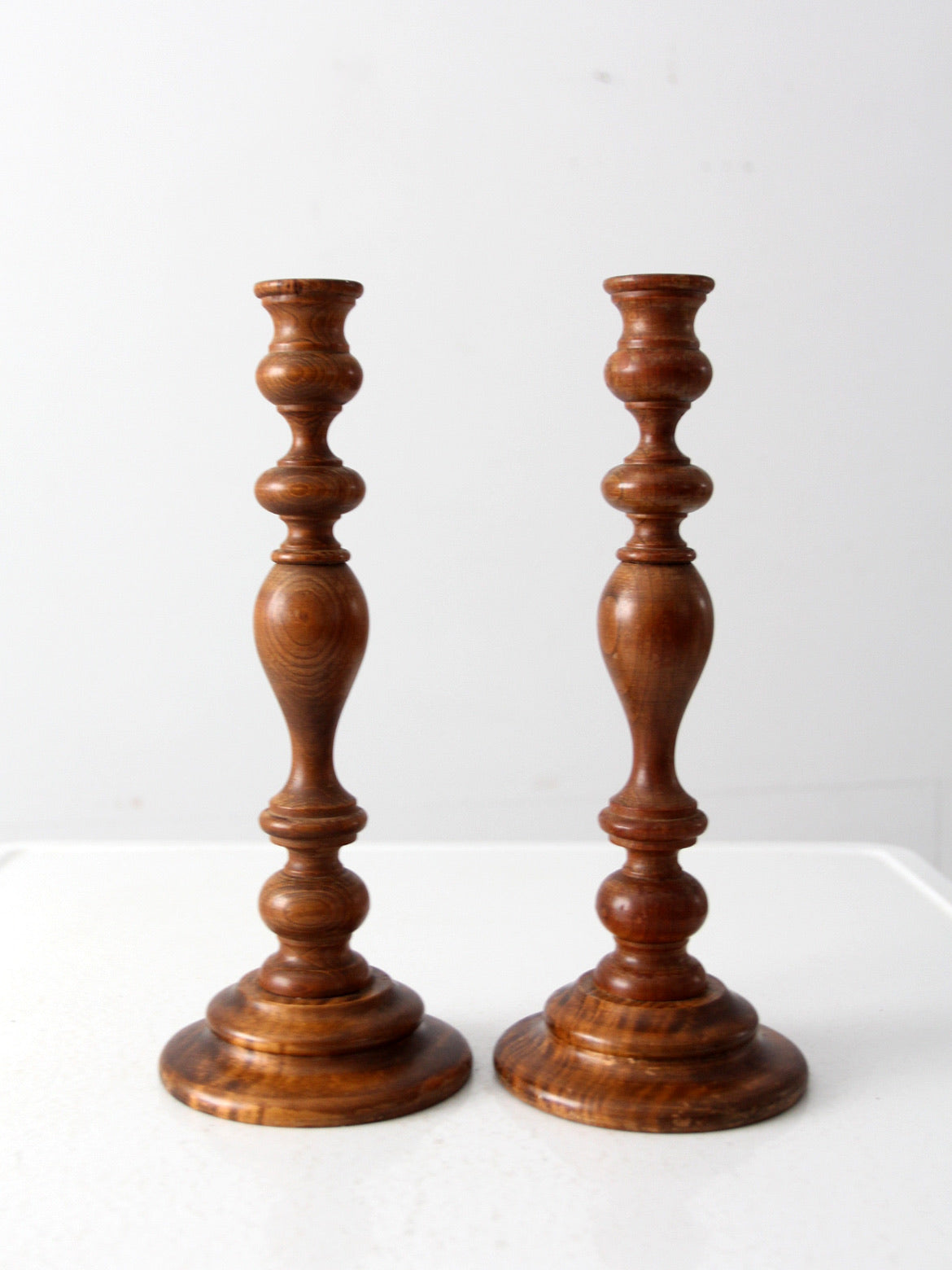 vintage wooden candlestick holders pair